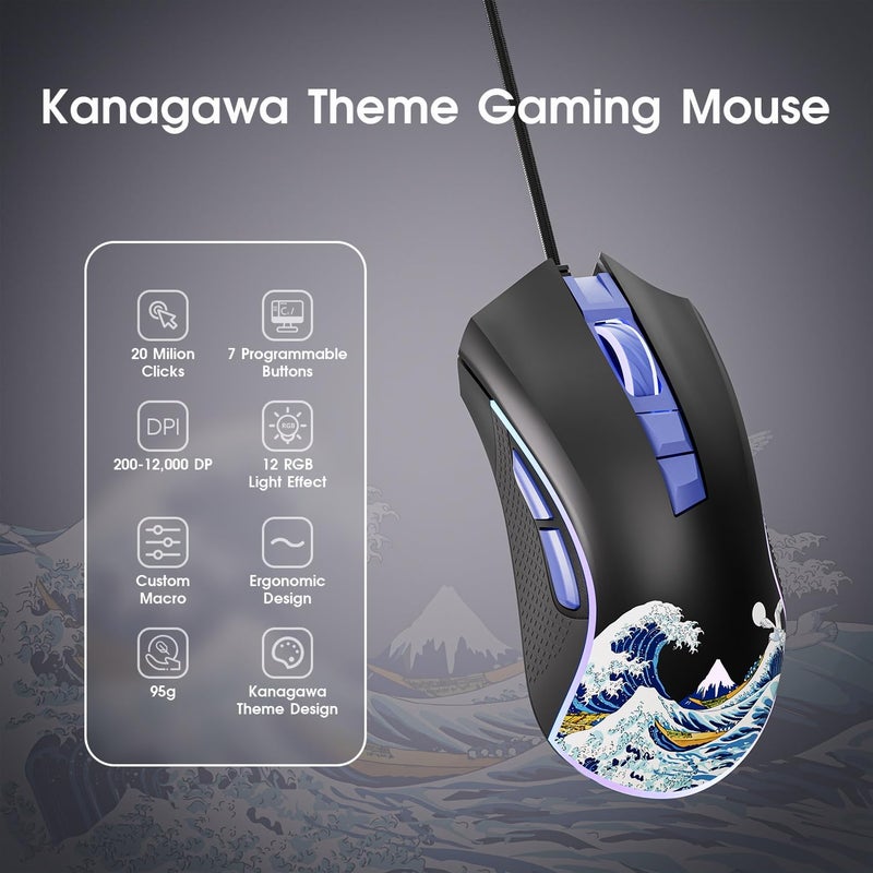 HITIME XVX Wired Gaming Mouse, 12000 DPI RGB Mouse with 12 Backlit Modes & 7 Macro Buttons, PC Gaming Mice Support DIY Keybinding, Gamer Computer Mice for Laptop PC Mac Windows, Kanagawa - Image 1